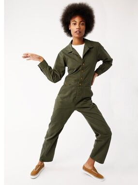 The Only Jane Twill Utility Button-Front Olive Green Jumpsuit Size 4